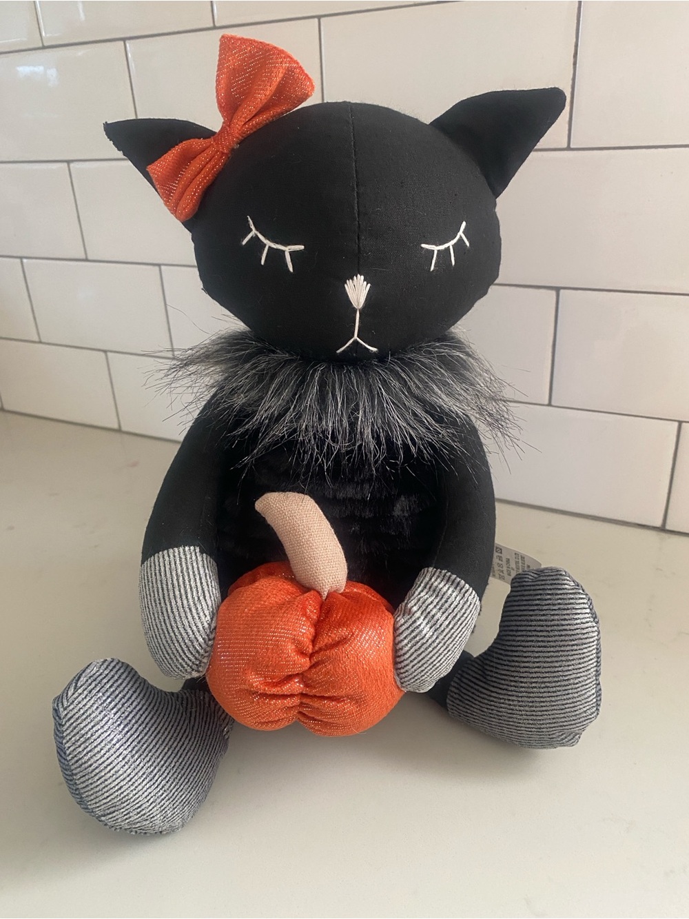 Black Plush Cat with Orange Pumpkin Accent